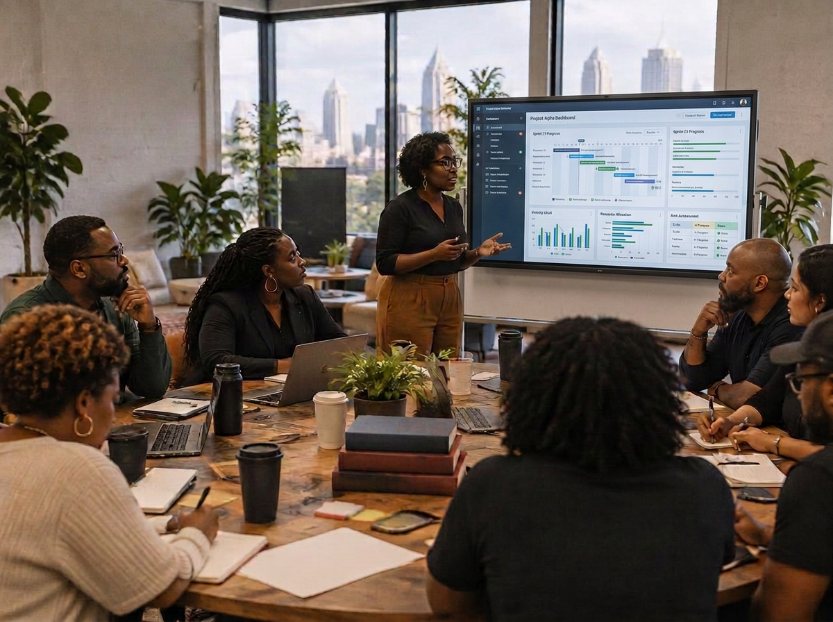A Pivot facilitator leading a hands-on workgroup around a table, presenting a technical application on a large smart board
